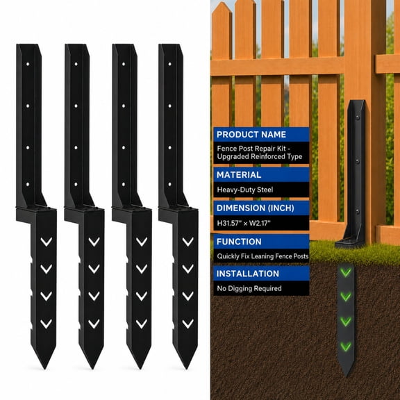 Fence Post Repair Kit, 2.0mm-Thick Cold-Rolled Steel Support Stakes with Upgraded Ground-Grip Openings for Stabilizing Leaning Wood Fence Posts, No Digging Required, Black, 4-Pack