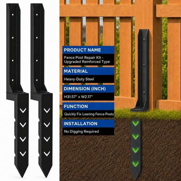 Fence Post Repair Kit, 2.0mm-Thick Cold-Rolled Steel Support Stakes with Upgraded Ground-Grip Openings for Stabilizing Leaning Wood Fence Posts, No Digging Required, Black, 2-Pack