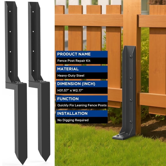 SEDALIP Fence Post Repair Kit, Heavy-Duty Steel Support Stakes, 2.0mm Thickened Cold-Rolled Steel for Stabilizing Leaning Wood Fence Posts,  2 pack