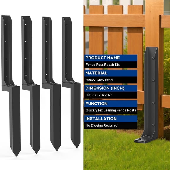 SEDALIP Fence Post Repair Kit, Heavy-Duty Steel Support Stakes, 2.0mm Thickened Cold-Rolled Steel for Stabilizing Leaning Wood Fence Posts, 4 pack