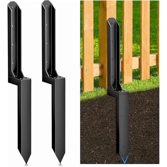 Fence Post Repair Kit - Quick Fix Broken/Leaning 4x4/6x6 Wood Posts Support with One-Piece Steel Anchor & Stakes（2-Pack）