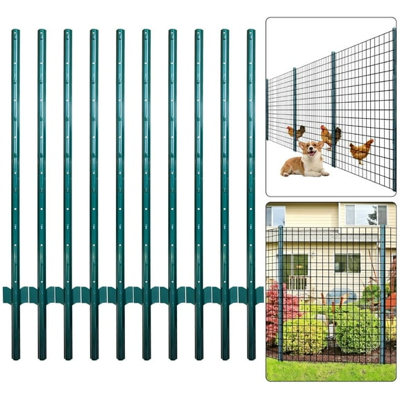 Fence Posts 4.8 Feet, Pack of 10, Metal Fence Post with U-Channel, Steel Fence Poles U Post for Garden Wire Mesh Fence Poles Sign Post