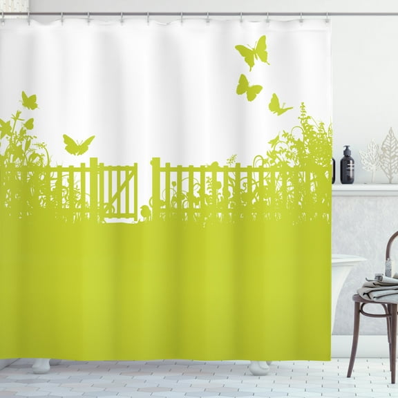 Fence Shower Curtain, Cottage Garden Scenic Gate Lawn with Butterflies Flying Ecology Environment, Fabric Bathroom Set with Hooks, 69W X 84L Inches Extra Long, Yellow Green White, by Ambesonne
