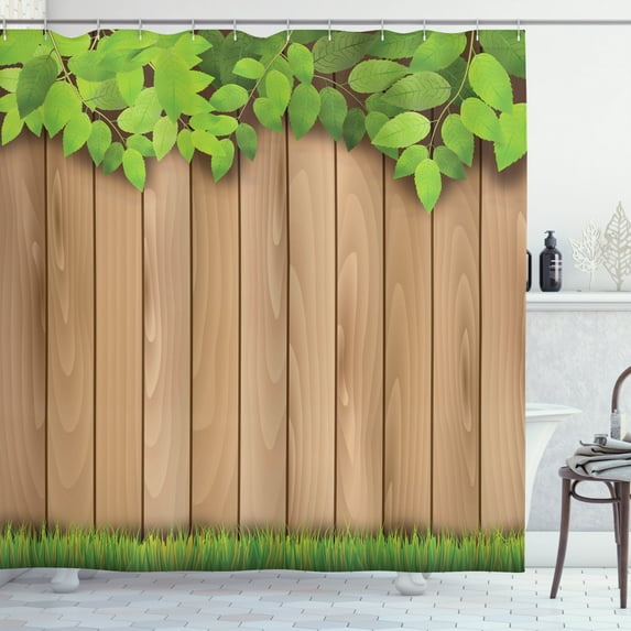 Fence Shower Curtain, Wooden Fence Grass and Tree Branch Leaf Environment Horticulture Illustration, Fabric Bathroom Set with Hooks, 69W X 70L Inches, Lime Green Camel, by Ambesonne