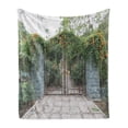 thumbnail image 1 of Fence Soft Flannel Fleece Blanket, Iron Gate into Country-house Garden Surrounded by Flowers Spring Foliage Scenic View, Cozy Plush for Indoor and Outdoor Use, 50" x 70", Multicolor, by Ambesonne, 1 of 5