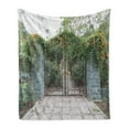 thumbnail image 1 of Fence Soft Flannel Fleece Blanket, Iron Gate into Country-house Garden Surrounded by Flowers Spring Foliage Scenic View, Cozy Plush for Indoor and Outdoor Use, 70" x 90", Multicolor, by Ambesonne, 1 of 5