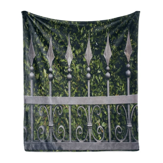 Fence Soft Flannel Fleece Blanket, Iron Gate with Leaves Garden Background of an House Entrance Property Picture, Cozy Plush for Indoor and Outdoor Use, 50" x 70", Grey Olive Green, by Ambesonne