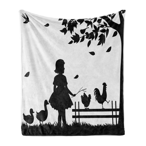 Fence Soft Flannel Fleece Blanket, Little Girl Walking in the Forest with Goose Chicken and Rooster Friends Childhood, Cozy Plush for Indoor and Outdoor Use, 50" x 70", Black White, by Ambesonne