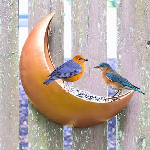 Fence & Tree Mounted Moon Bird Feeder Cardinal, Squirrel Feeder, Rustic Gold Metal Wall Bird Feeder for Outdoors, Wild Bird Feeder for Bluebirds.$$Garden & Patio