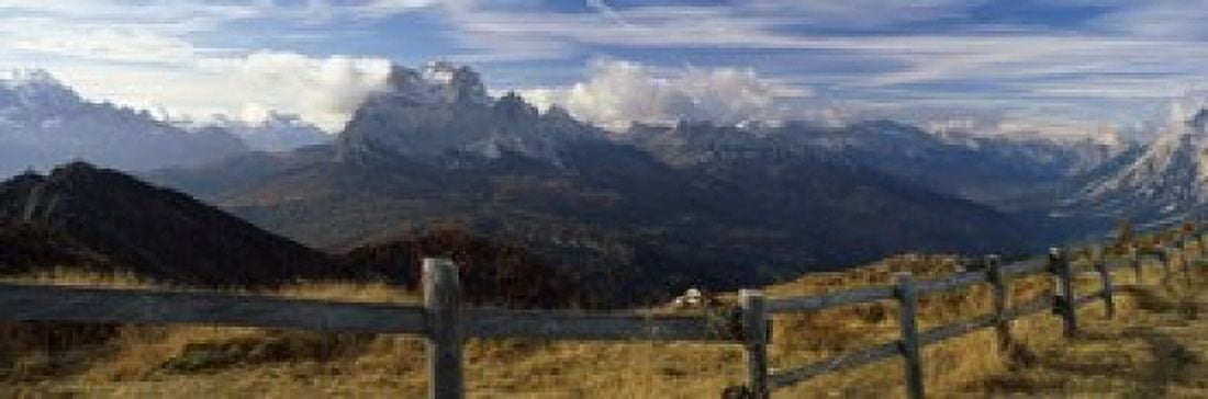 Fence with a mountain range in the background Mt Rite Dolomites Cadore Province of Belluno Veneto Italy Canvas Art - Panoramic Images (18 x 6)