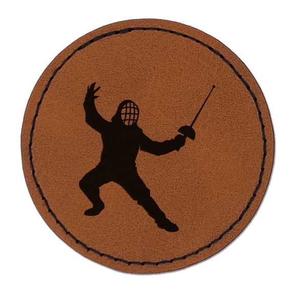 Fencer Holding Fencing Swords 2.5" Faux Leather Round Engraved Iron-On Patch - Brown