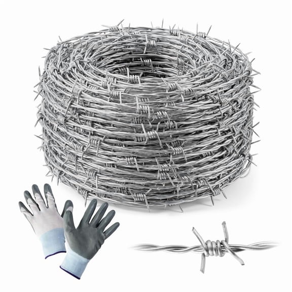 Fencer Wire 100 ft Barbed Wire, 15 Gauge, 4 Point Galvanized Barb Craft Wire with Gloves, Barb Wire Roll for Fencing, Crafts, Critter Deterrent, Yard and Garden