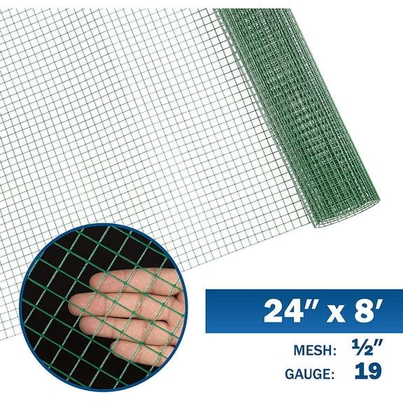 Fencer Wire 19 Gauge Green Vinyl Coated 1/2 Hardware Cloth Vegetables Garden Rabbit Fencing Snake Fence for Chicken Run Critters Gopher Racoons Opossum Rehab Cage Wire Window (24" x 96")