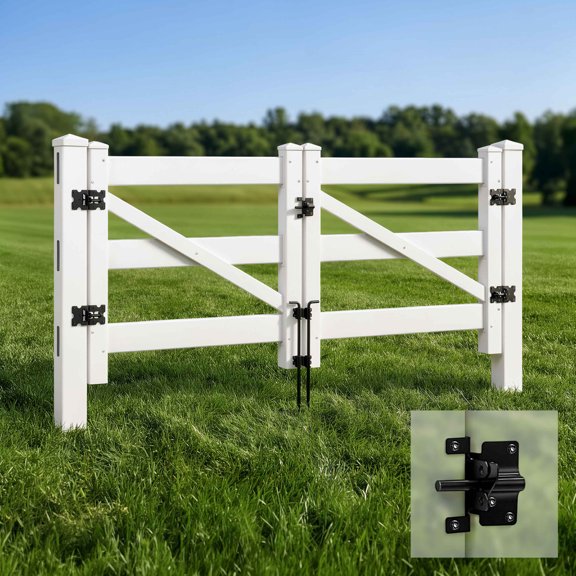Fencer Wire 4ft x 4ft Vinyl Ranch Double Gate Kit with Gate Posts & Fence Drop Rods, White PVC Fence Gate System, Includes Two Gates, UV-Resistant, Easy Installation, Durable for Ranch, Yard & Farm