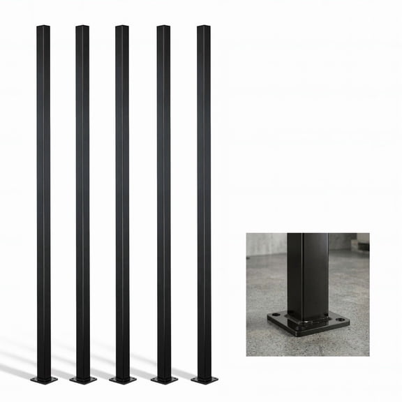 Fencer Wire 6 FT Metal Fence Post with Flange, Heavy Duty 16 Gauge Outdoor Patio Steel Fencing Border Post with Base Plate and Cap, Anti-Rust 2” Diameter Decorative Garden Flange Post, Pack of 5