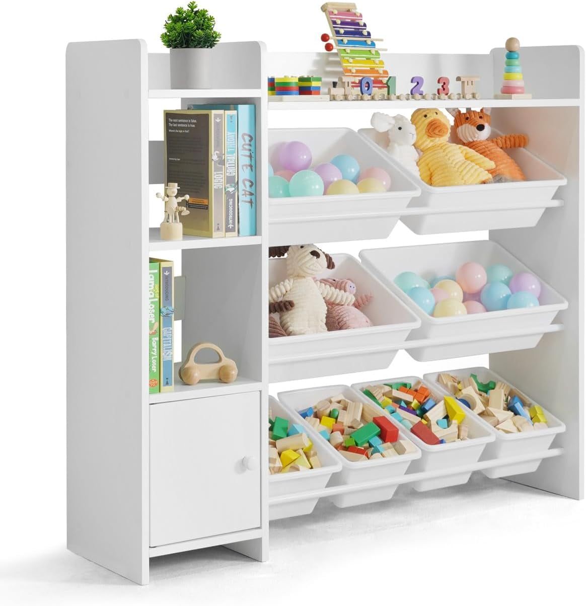 Wire Toy Rack Fencer Wire Toy Organizer Bookcase with 8 White Plastic Bins, Perfect ...