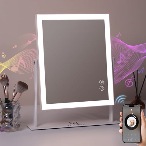 Fenchilin 12''x14'' Vanity Makeup Mirror with Lights Bluetooth Metal Tabletop White