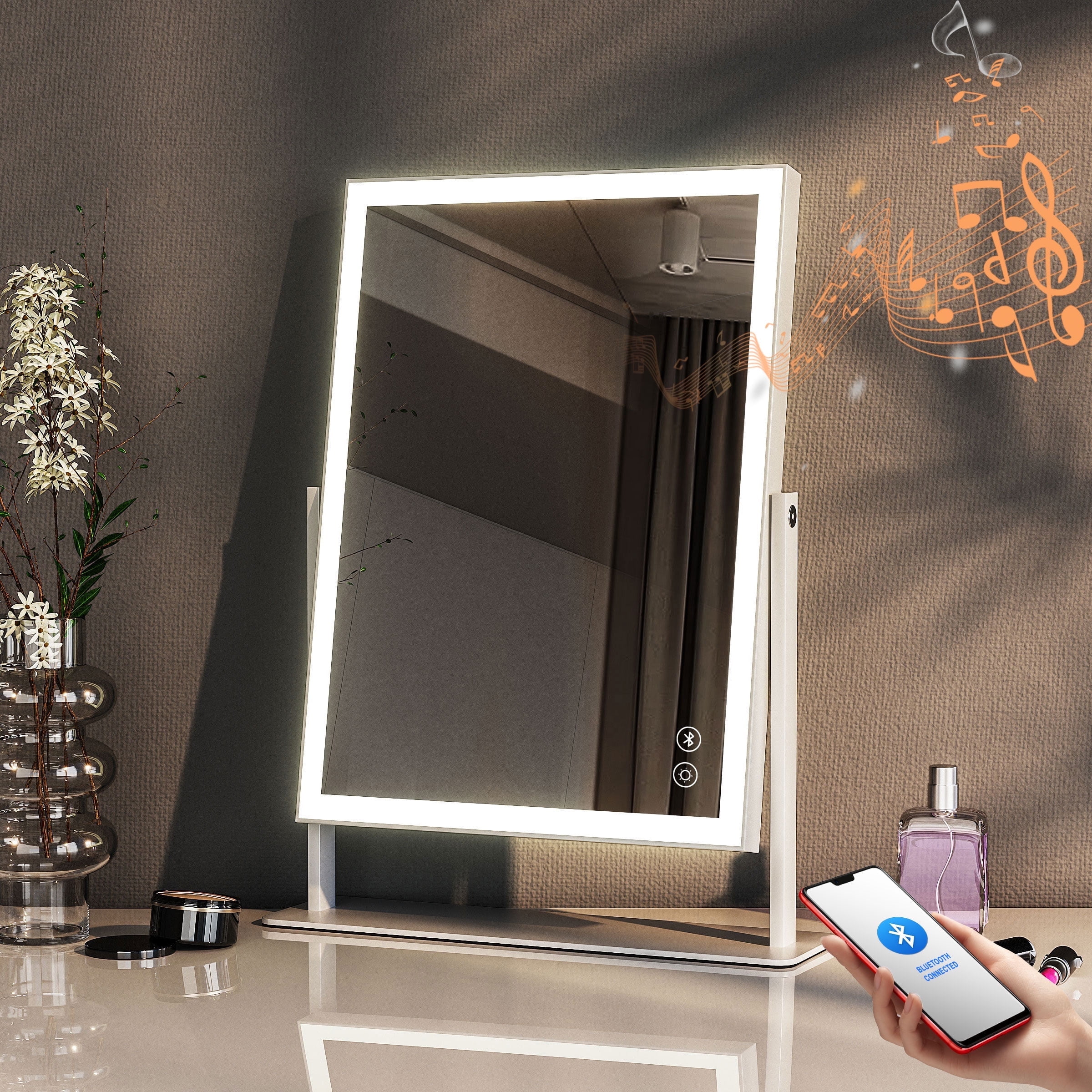 Fenchilin 14''x18'' Vanity Makeup Mirror with Lights Bluetooth Metal Tabletop White