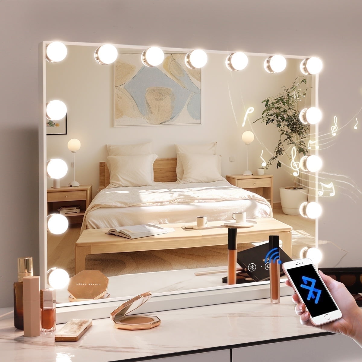 Fenchilin 23''x18'' Vanity Mirror with Lights Bluetooth Tabletop Wall Mount Metal White Fenchilin 23''x18'' Vanity Mirror with Lights Bluetooth Tabletop Wall Mount Metal White