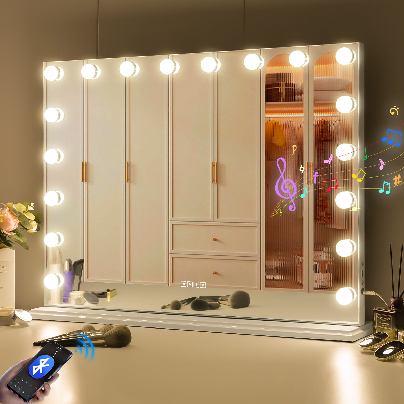 Fenchilin 32x23 Hollywood Vanity Mirror with Lights Bluetooth Tabletop  Wall Mount Metal White