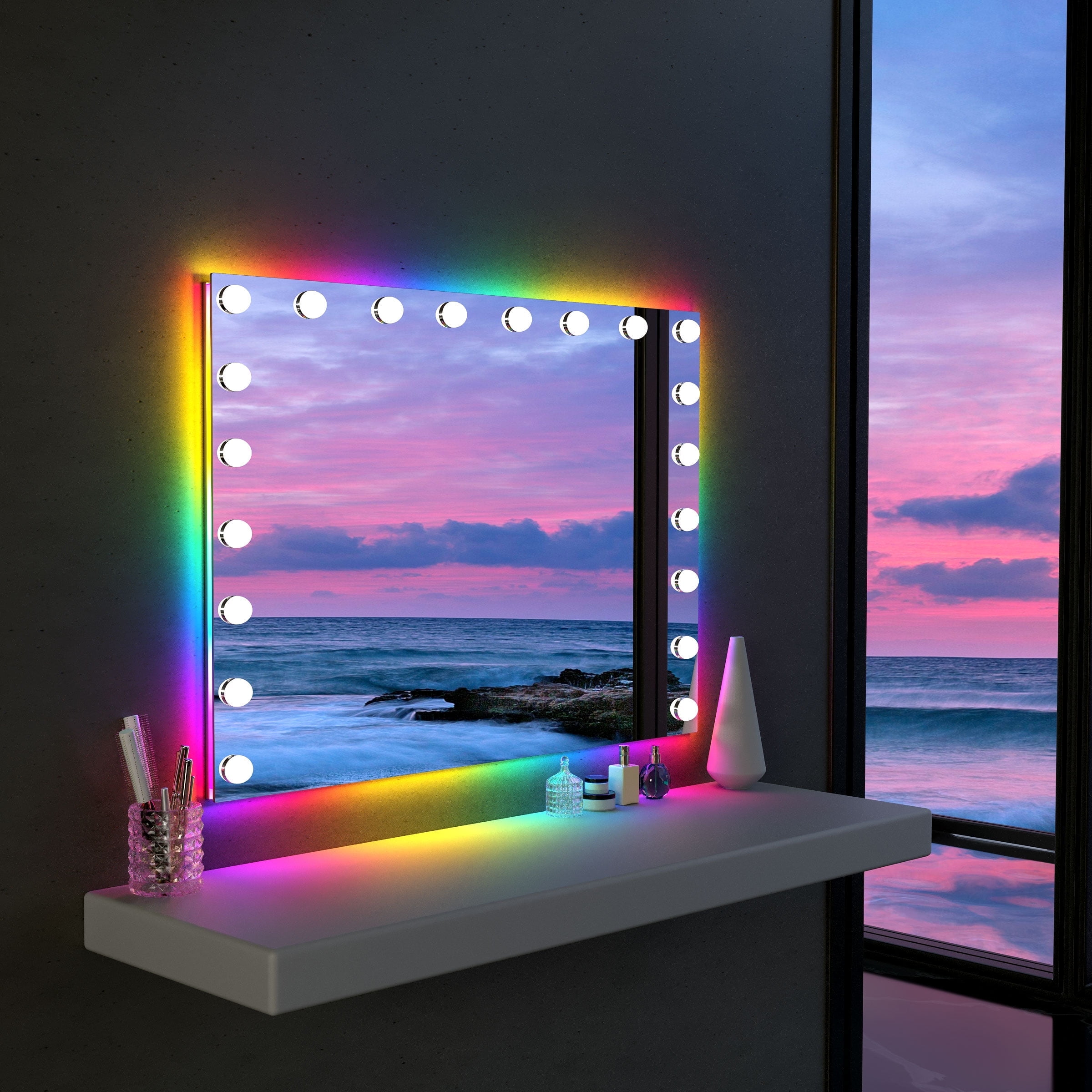 Fenchilin 40''x32'' Vanity Mirror with Lights RGB LED Tabletop Wall Mount Metal White