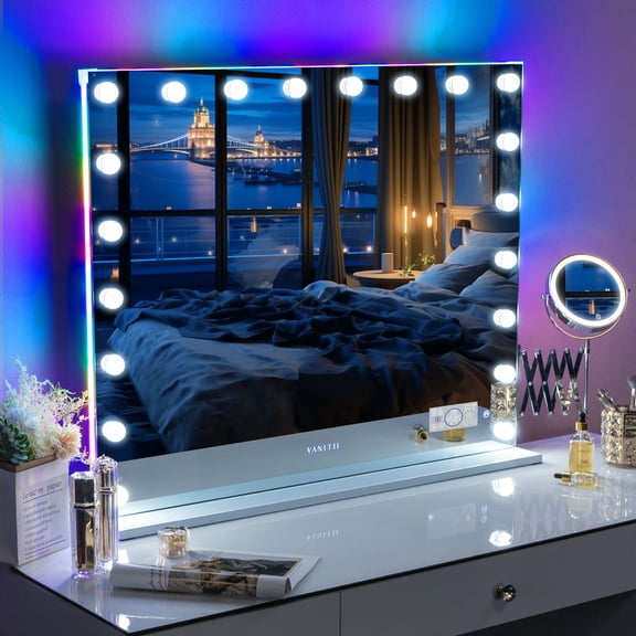 Fenchilin 40''x32'' Vanity Mirror with Lights RGB LED Tabletop Wall Mount Metal White