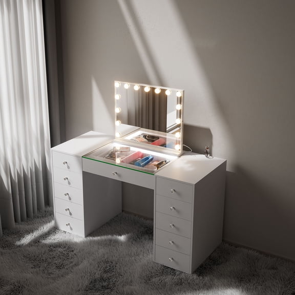 Fenchilin 51'' Makeup Vanity Desk with Mirror Lights LED RGB White