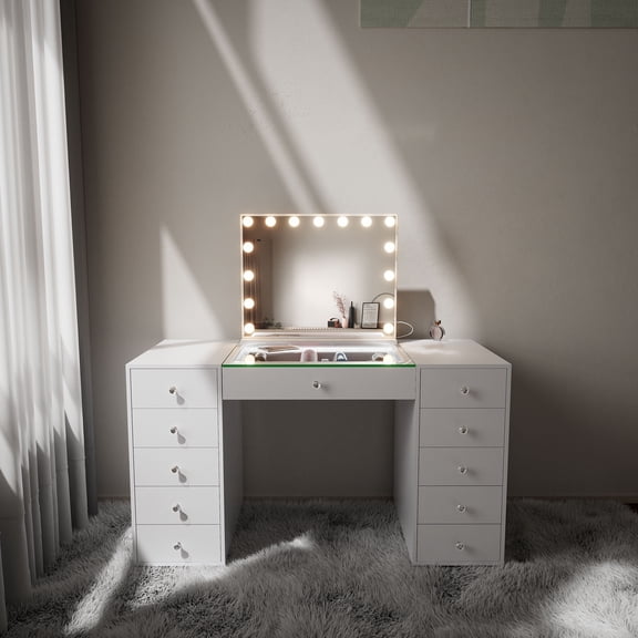 Fenchilin 51'' Makeup Vanity Desk with Mirror RGB LED Lights White