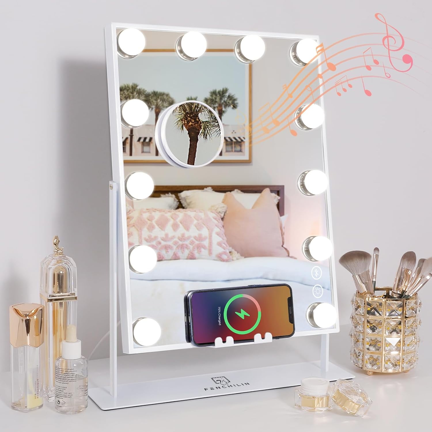 Fenchilin Bluetooth Vanity Makeup Mirror with Lights Wireless Charging