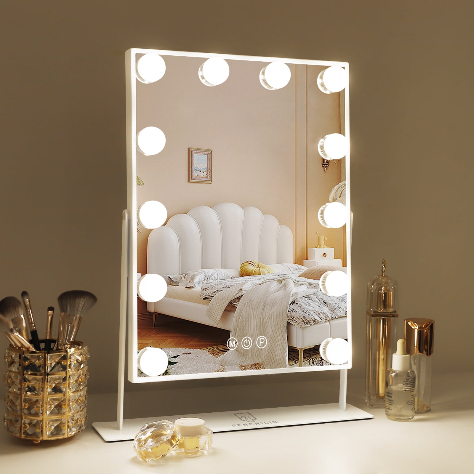 Fenchilin Hollywood Vanity Makeup Mirror with Lights Metal Tabletop White  14.5 x 18.5