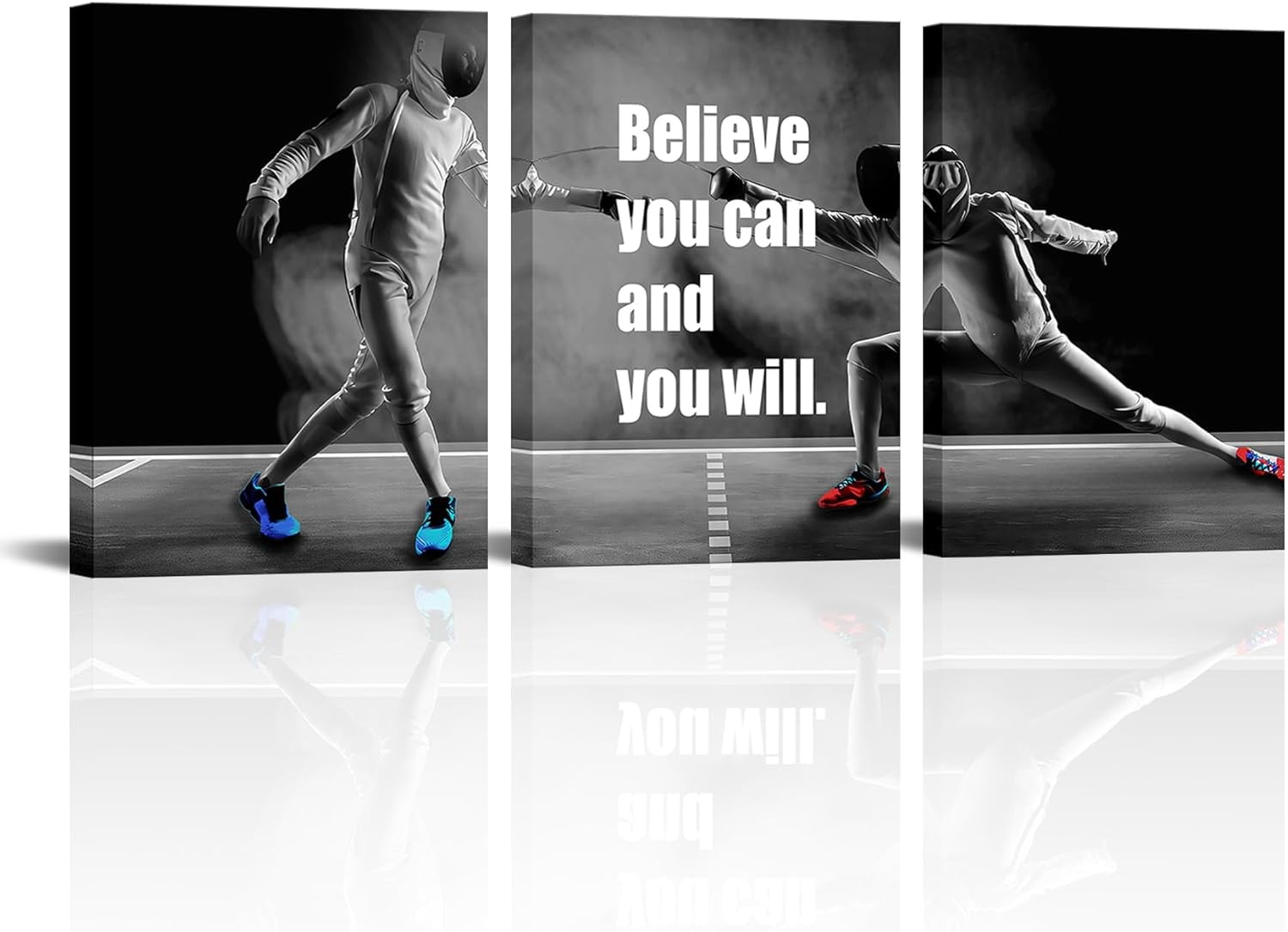 Fencing Motivational Quotes Canvas Wall Art - 3 Panel Black White Inspirational Poster