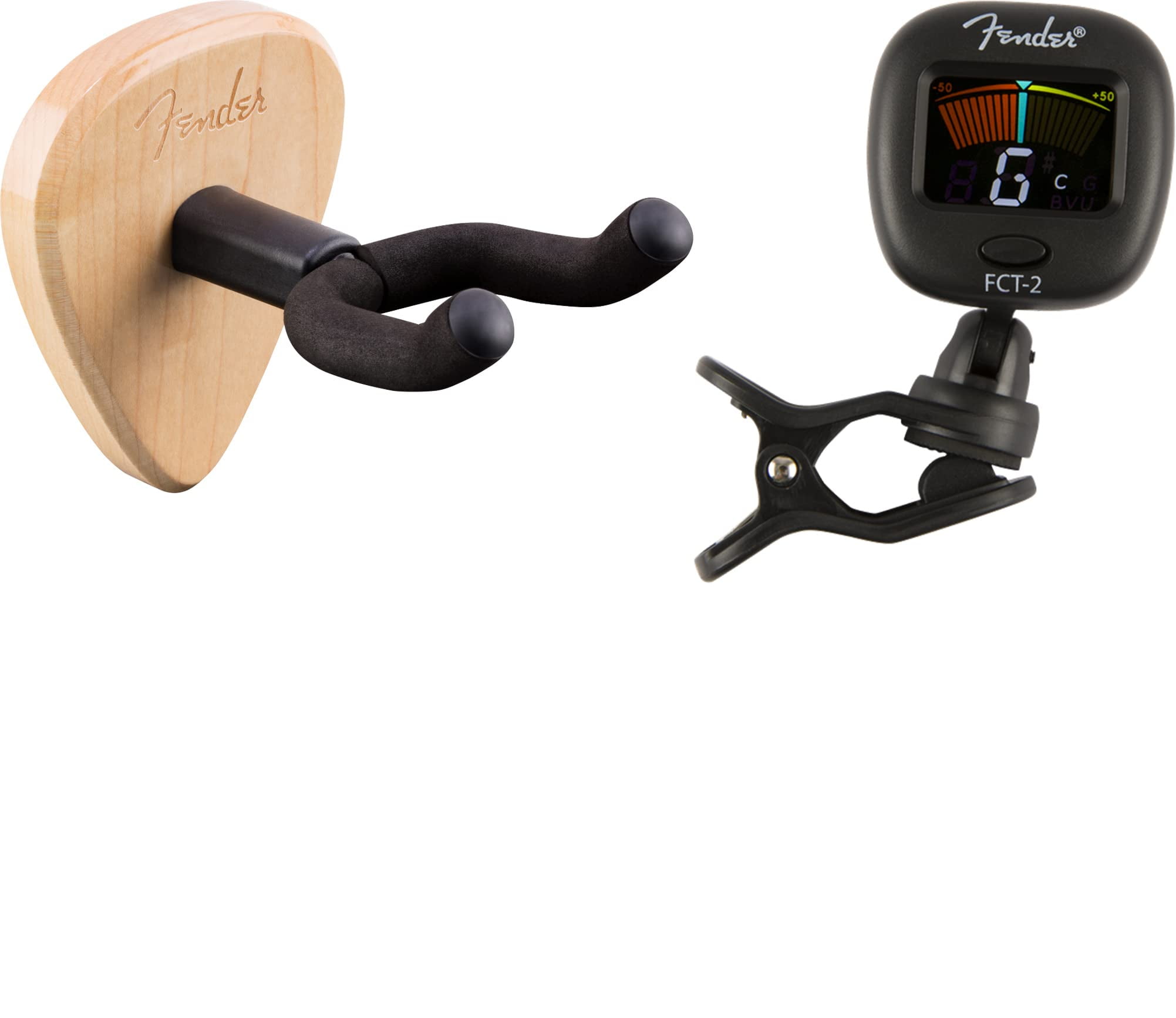 Fender 351 Guitar Wall Hanger - Maple 1 Pack Bundle FCT-2 Pro Color Clip-On Tuner
