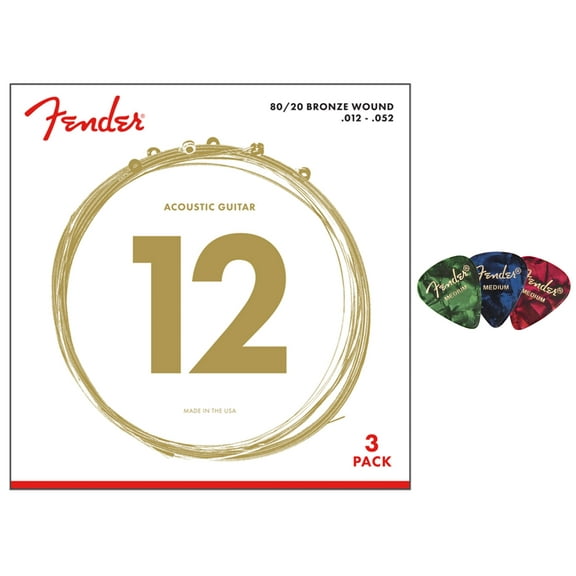 Fender 80/20 Bronze Acoustic Guitar Strings, Ball End - Light .012-.052 - 3 Pack w/ Picks