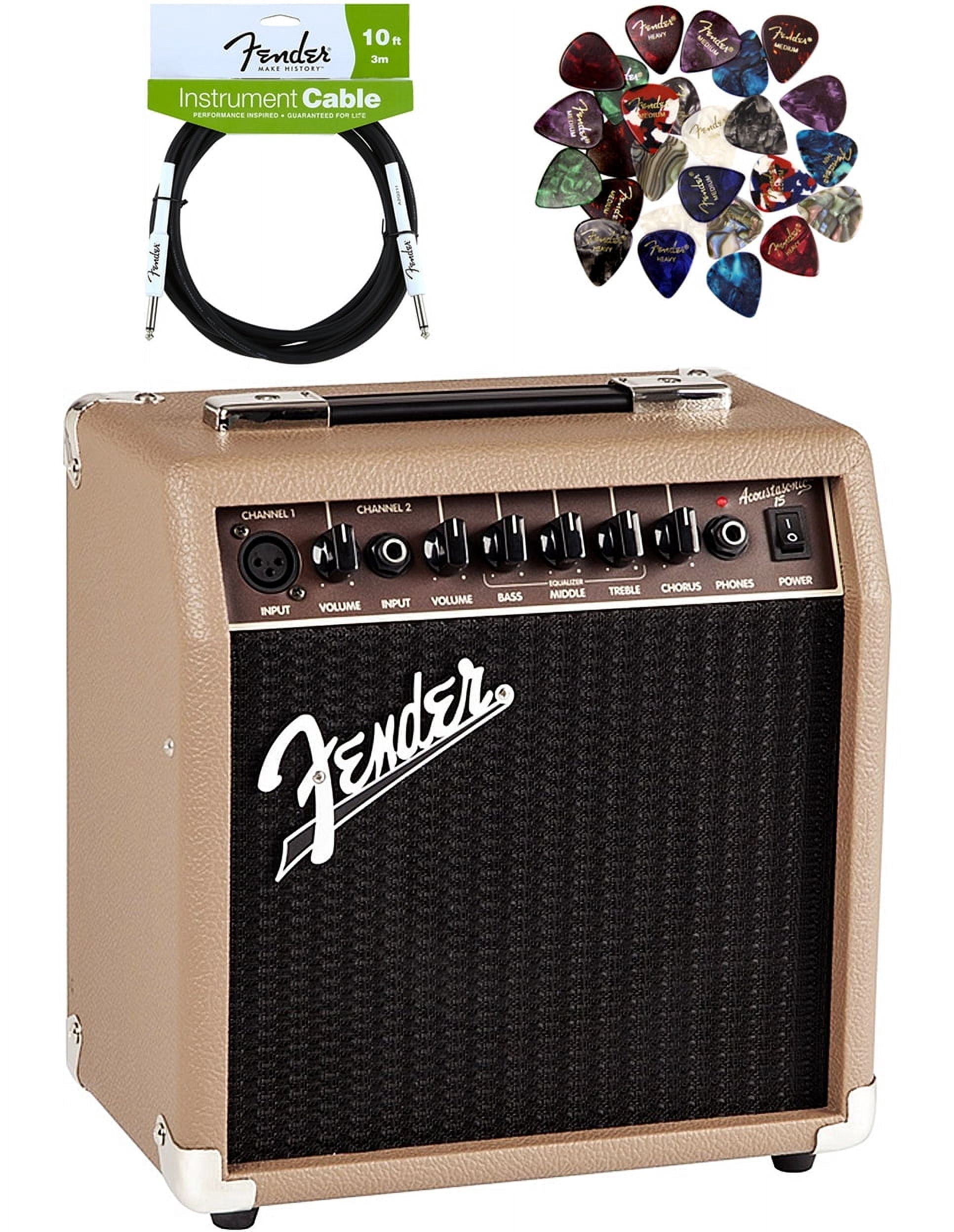 Fender Acoustasonic 15 Acoustic Guitar Amplifier - Brown and Wheat Bundle with Instrument Cable, 24 Picks, and Austin Bazaar Polishing Cloth