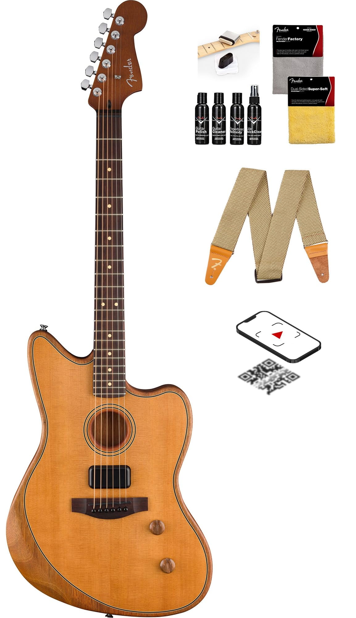 Fender Acoustasonic Standard Jazzmaster - Aged Natural Bundle with Strap, Guitar Cleaning Kit, and Austin Bazaar Instructional Video