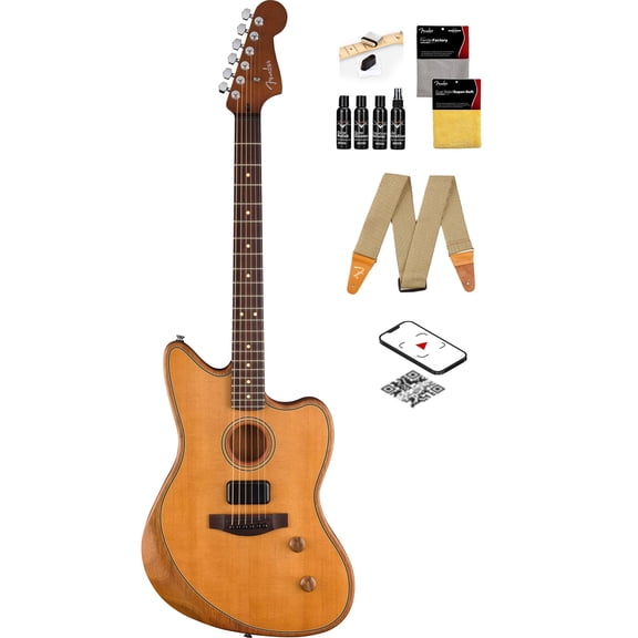 Fender Acoustasonic Standard Jazzmaster - Aged Natural Bundle with Strap, Guitar Cleaning Kit, and Austin Bazaar Instructional Video