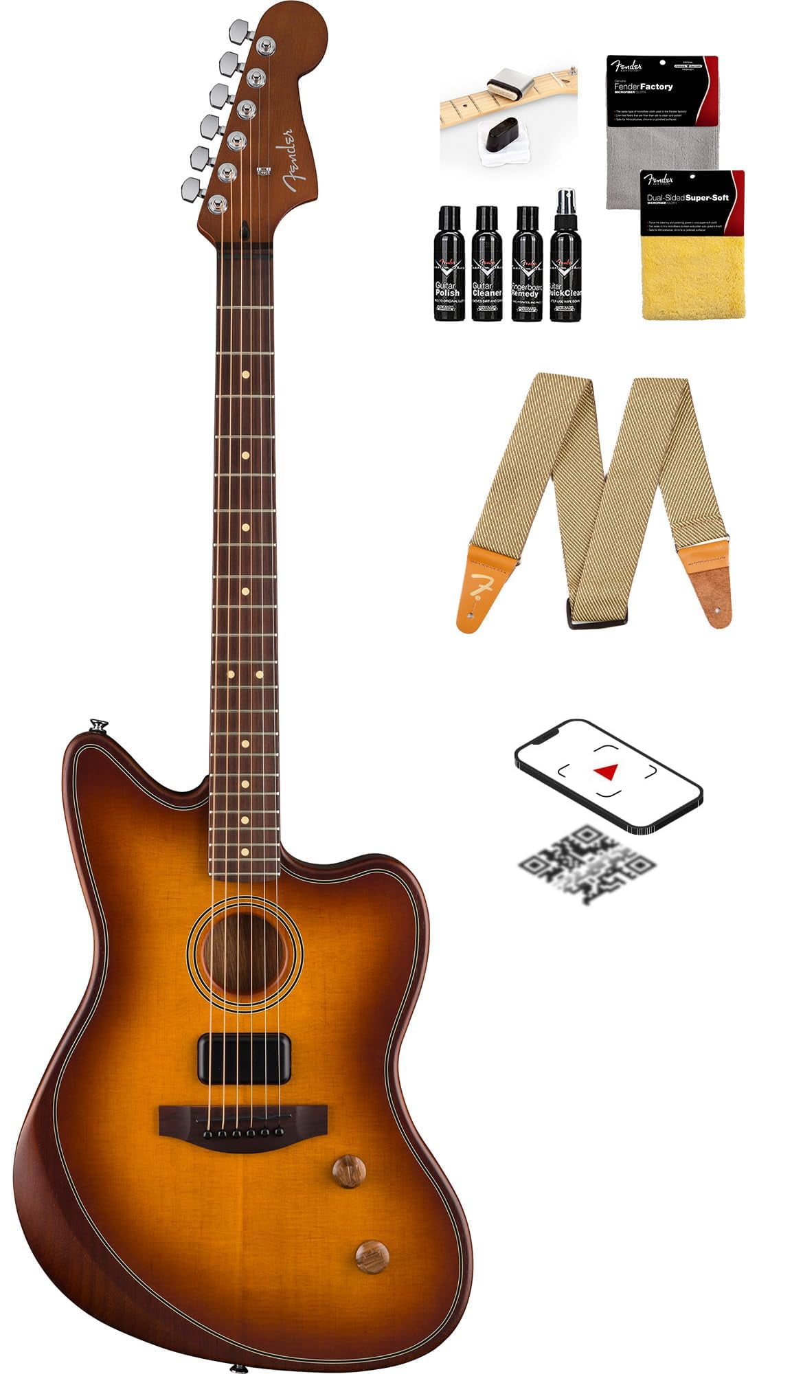 Fender Acoustasonic Standard Jazzmaster - Honey Burst Bundle with Strap, Guitar Cleaning Kit and Austin Bazaar Instructional Video