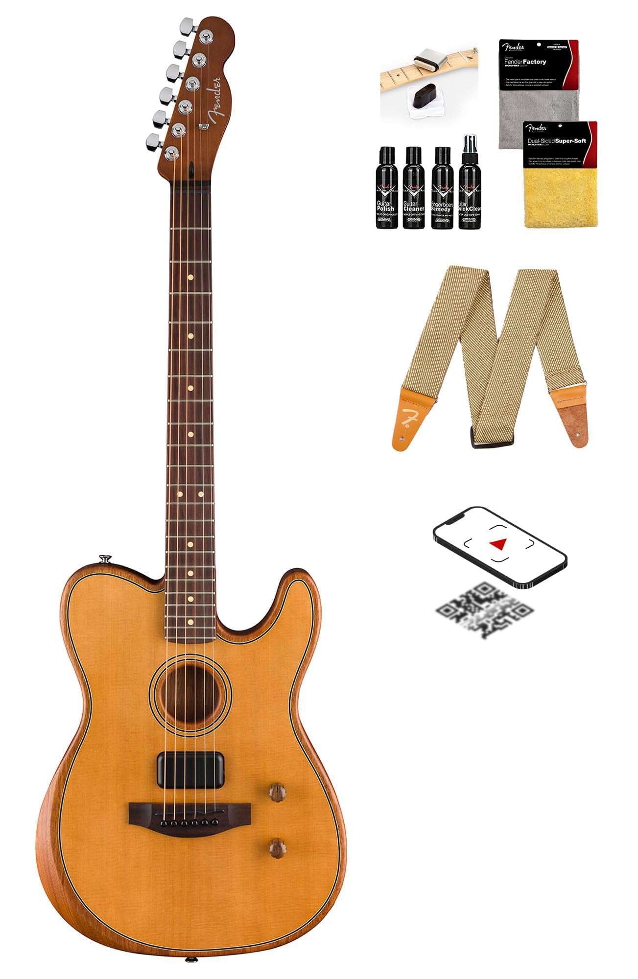 Fender Acoustasonic Standard Telecaster - Aged Natural Bundle with Strap, Guitar Cleaning Kit and Austin Bazaar Instructional Video