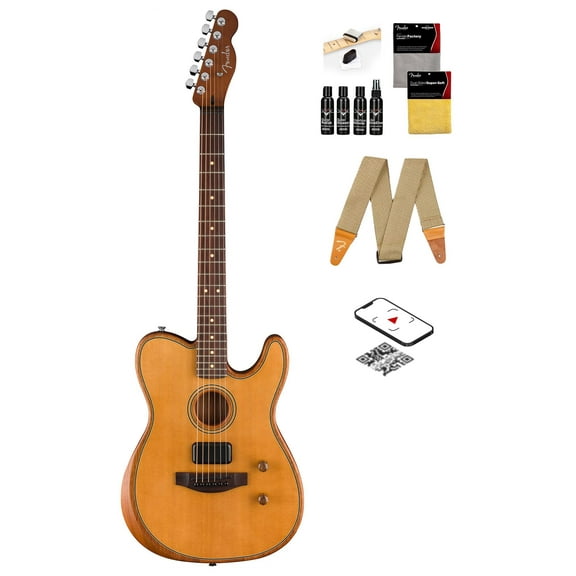 Fender Acoustasonic Standard Telecaster - Aged Natural Bundle with Strap, Guitar Cleaning Kit and Austin Bazaar Instructional Video