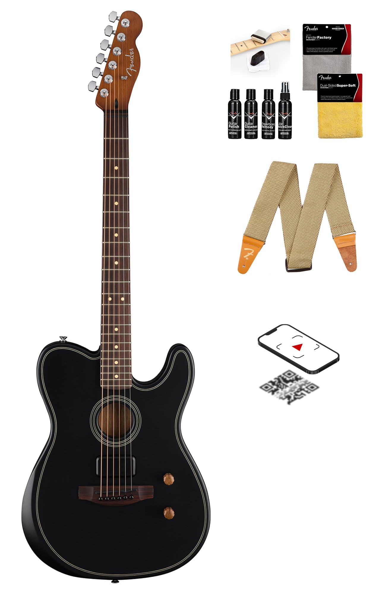 Fender Acoustasonic Standard Telecaster - Black Bundle with Strap, Guitar Cleaning Kit and Austin Bazaar Instructional Video
