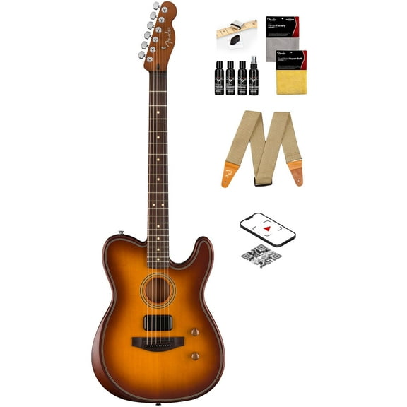 Fender Acoustasonic Standard Telecaster - Honey Burst Bundle with Strap, Guitar Cleaning Kit and Austin Bazaar Instructional Video