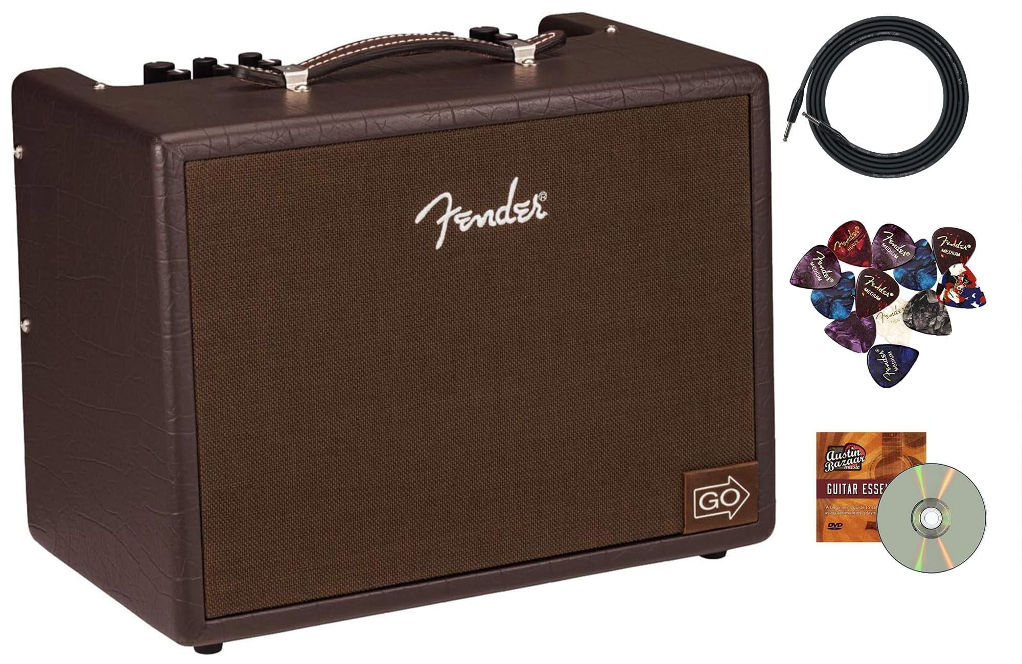 Fender Acoustic Junior Go Guitar Combo Amplifier Bundle with Cable, Austin Bazaar Exclusive 12-Pack Picks, and Instructional DVD
