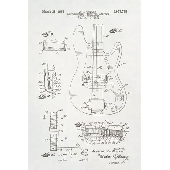 Fender Bass Guitar Patent Art Poster Print