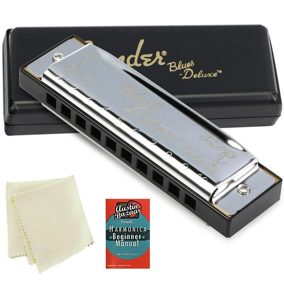 Fender Blues Deluxe Harmonica - Key of Bb Bundle with Carrying Case, Austin Bazaar Online Manual, and Polishing Cloth