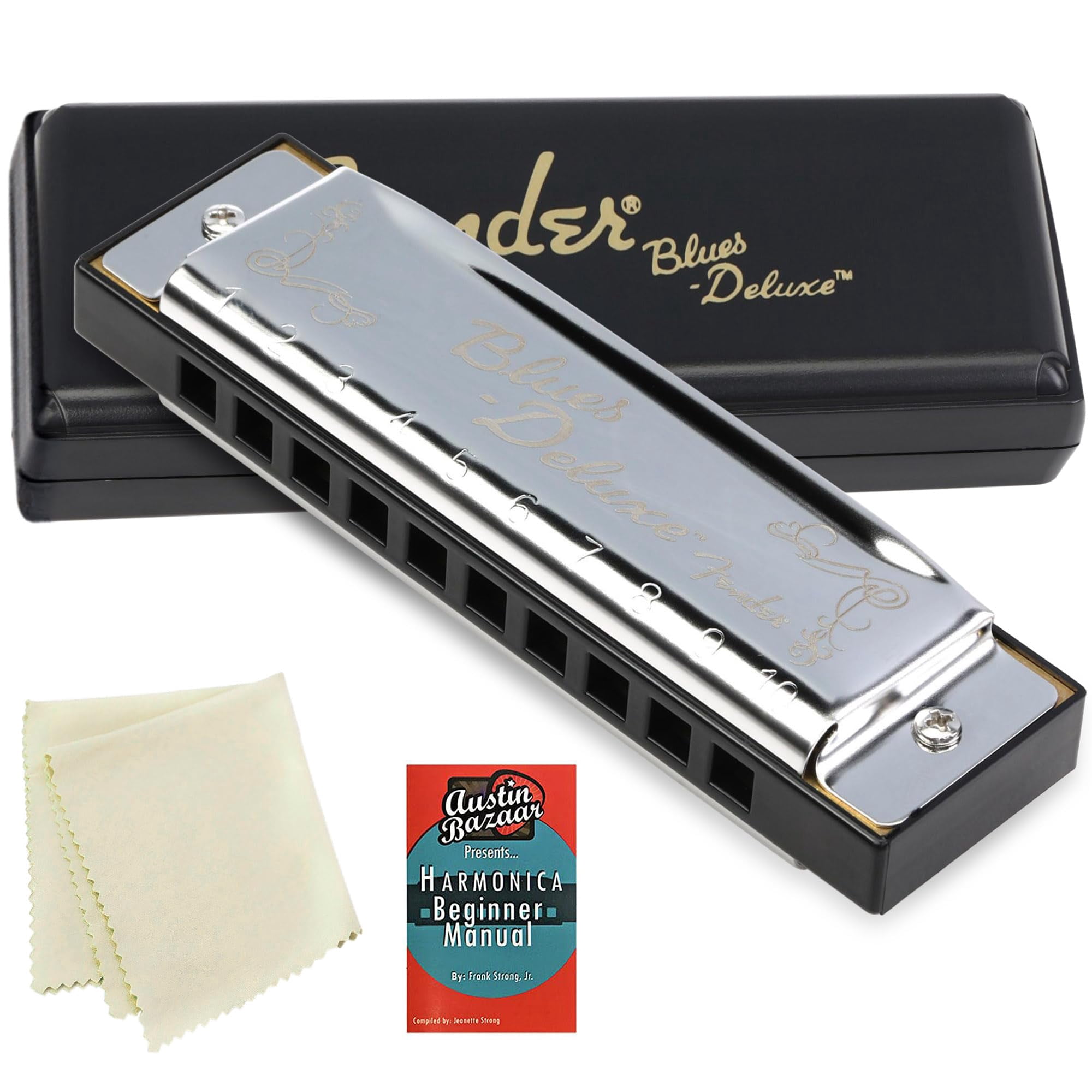Fender Blues Deluxe Harmonica - Key of D Bundle with Carrying Case, Austin Bazaar Online Manual and Polishing Cloth