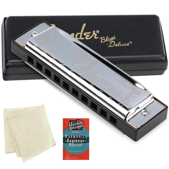 Fender Blues Deluxe Harmonica - Key of D Bundle with Carrying Case, Austin Bazaar Online Manual and Polishing Cloth