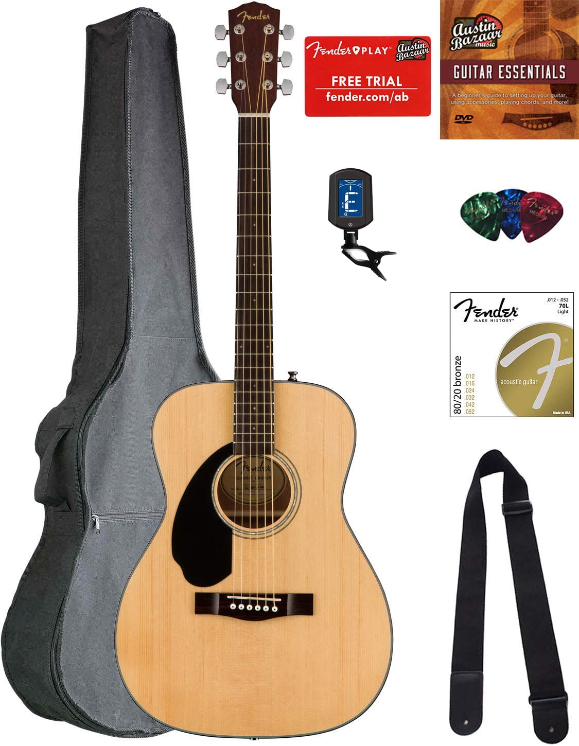 Fender CC-60S Solid Top Concert Acoustic Guitar, Left Handed - Natural w/ Gig Bag