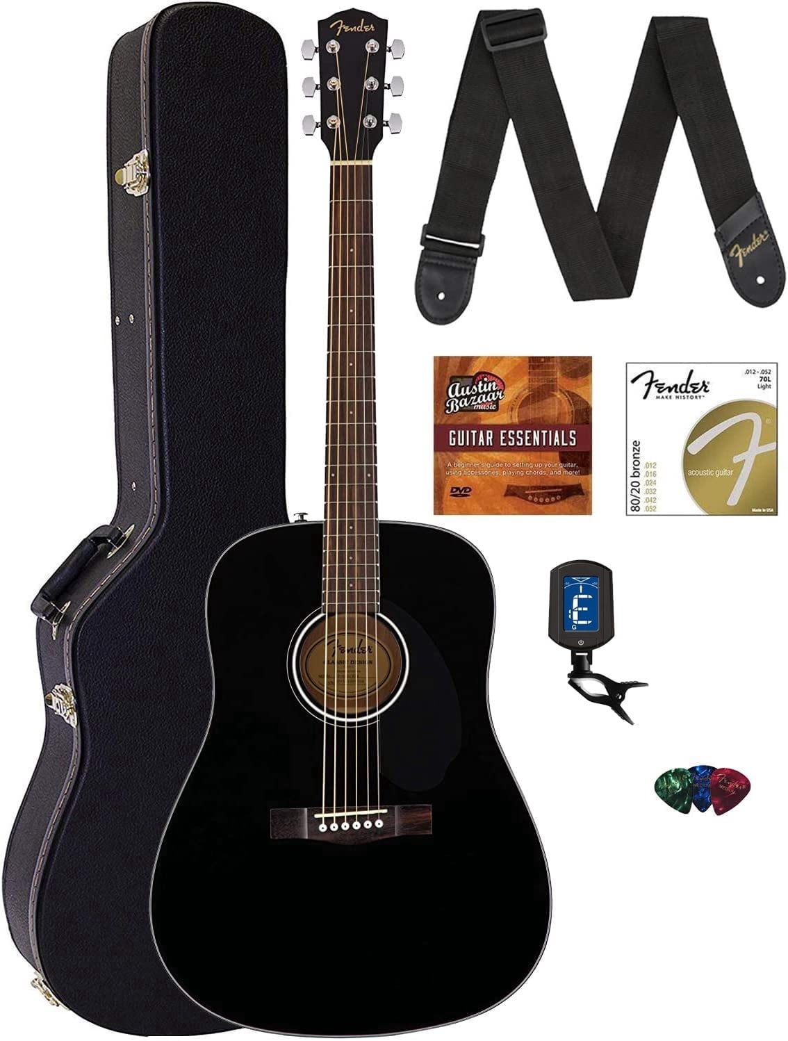 Fender CD-60S Solid Top Dreadnought Acoustic Guitar - Black Bundle with Hard Case, Tuner, Strap, Strings, Picks, and Austin Bazaar Instructional DVD