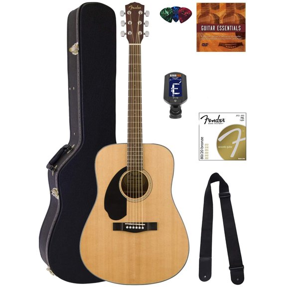 Fender CD-60S Solid Top Dreadnought Acoustic Guitar, Left Handed - Natural Bundle with Hard Case, Tuner, Strap, Strings, Picks, and Austin Bazaar Instructional DVD