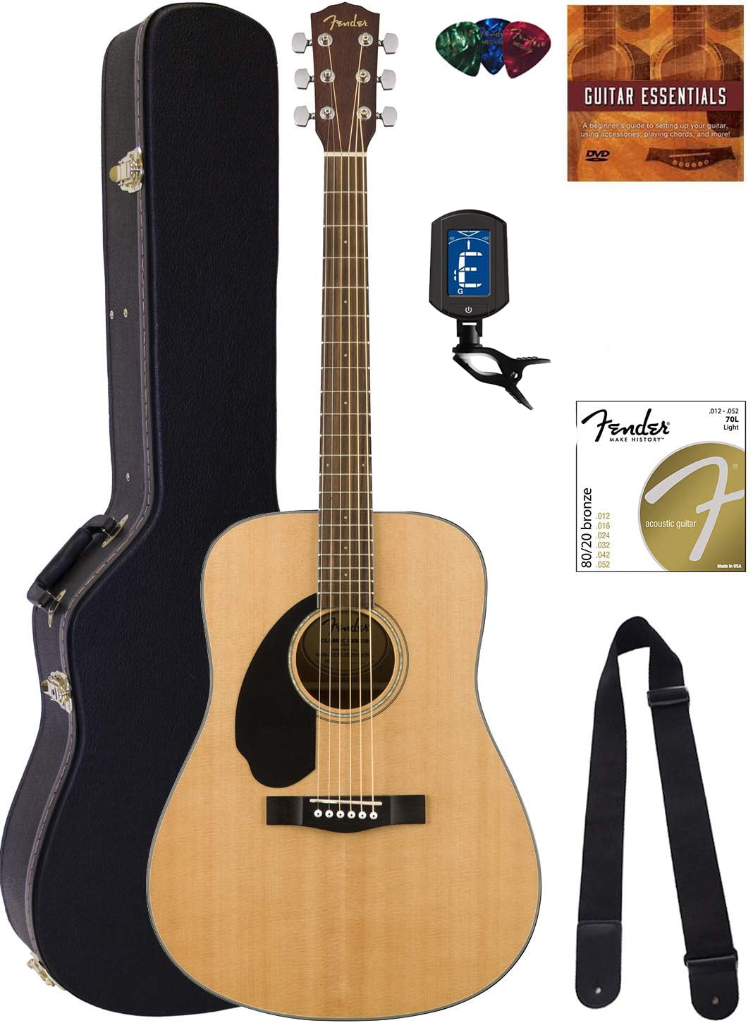 Fender CD-60S Solid Top Dreadnought Acoustic Guitar, Left Handed - Natural Bundle with Hard Case, Tuner, Strap, Strings, Picks, Austin Bazaar Instructional DVD, and Polishing Cloth
